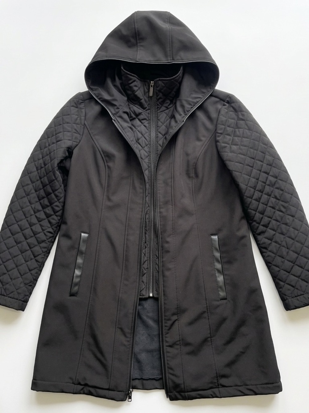 Michael Kors Large Black Double Zip Quilted Softshell Hooded Coat Fleece